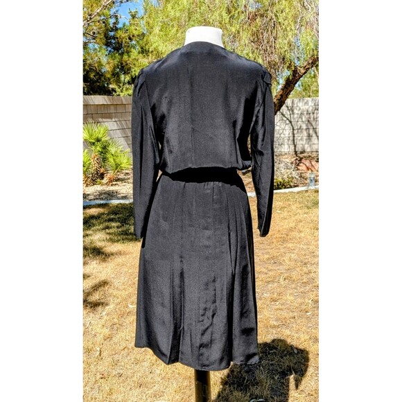 VTG Black Silk Charles Bianco Italian Collection Blouson Pleated Midi Dress EUC - Picture 4 of 6